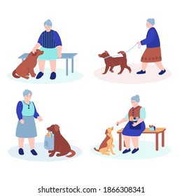 An elderly woman on a walk with a dog. Set of vector illustrations in flat style.