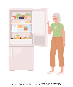 Elderly woman opening fridge door semi flat color vector character. Editable figure. Full body person on white. Simple cartoon style spot illustration for web graphic design and animation