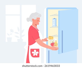 Elderly woman opening fridge door. Healthy eating for the elderly concept.	