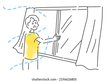 elderly woman opens window for ventilation, vector