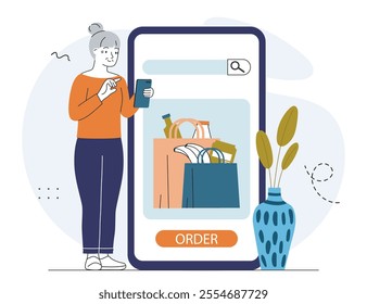 Elderly woman orders groceries. Grandmother with online store or market. Electronic commerce and home delivery. Cashless transfers. Linear vector illustration isolated on white background