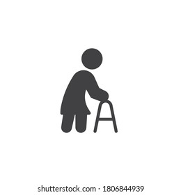 Elderly woman with paddle walker vector icon. filled flat sign for mobile concept and web design. Disabled woman with walker glyph icon. Symbol, logo illustration. Vector graphics