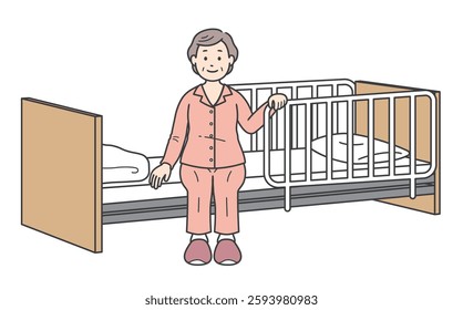 Elderly woman in pajamas sitting at bedside and nursing bed