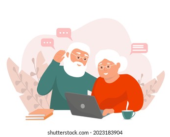 Una anciana, una pensionista, una senora con su esposo está aprendiendo a trabajar en una computadora, laptop, comunicarse con su familia. El concepto de apoyo, asistencia a las generaciones mayores, capacitación. 