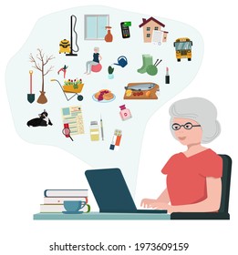 An elderly woman, a pensioner uses a laptop and searches for useful information on the Internet, training and courses online, work at home.   Vector flat illustration.