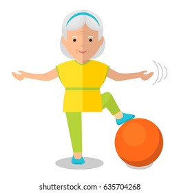 Elderly woman perform exercises with ball. Healthy active lifestyle. Sport for grandparents. Objects isolated on a white background. Flat vector illustration.