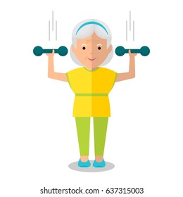 Elderly woman perform exercises. Healthy active lifestyle. Sport for grandparents. Objects isolated on a white background. Flat vector illustration.