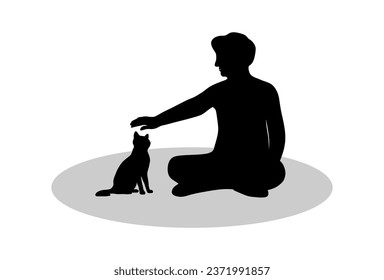 “SHOTLISTS3niorLife”. Elderly woman petting her cute cat. Love cat. Silhouettes of elderly woman and a cat. Black vector illustrations.