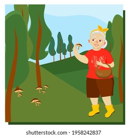 An elderly woman picks mushrooms in the forest. Mushroomer. Mushroom picking. Leisure of pensioners. Vector illustration