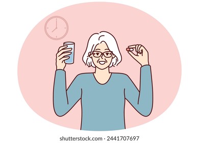 Elderly woman with pill and glass of water stands near clock following doctor prescriptions and recommendations for treatment. Concept of calendar or schedule for taking medications for treatment