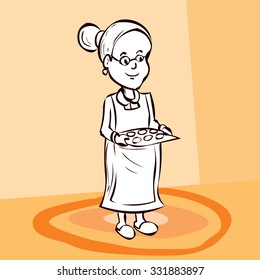 An elderly woman with a pince-nez. Hand drawn cartoon vector illustration. 