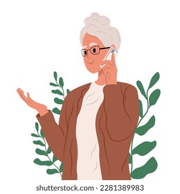 An elderly woman plans a meeting on the phone. Portrait of a grandmother. An elderly lady is talking on the phone. Communication with children, grandchildren , friends.
