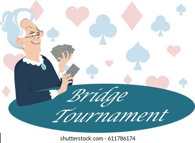 Elderly Woman Playing Cards, Bridge Tournament Is Written On The Table, EPS 8 Vector Illustration