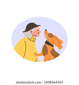 Mujer mayor que juega con el perro. Dibujos animados dueño senior con adorable mascota. Cuidado animal y amor mascota. Vector plano aislado en marco redondo. Abuela con amigo animal pasar tiempo juntos