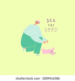 Elderly woman playing with the dog. Happy old people life. Vector hand drawn illustration