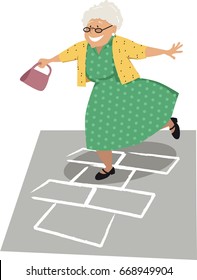 Elderly woman playing hopscotch, EPS 8 vector illustration