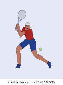 Elderly Woman Playing Tennis Holding Racket Preparing to Hit Ball. African American Senior in Sport Outfit. Colored Flat Vector Illustration of Active Lifestyle Isolated on Light Background