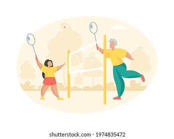 Elderly woman plays badminton with little girl. Grandmother with racket hits shuttlecock towards joyful granddaughter. Playground with stretched net for outdoor activities. Vector flat illustration