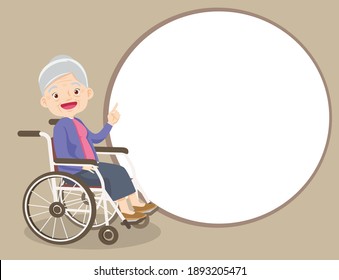 elderly woman pointing finger up on wheelchair, isolated on white background,Old lady Finger pointing with empty space, Granny on wheelchair with blank space