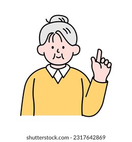 Elderly Woman Pointing Finger, Simple Style Vector illustration.