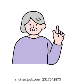 Elderly Woman Pointing Finger, Simple Style Vector illustration.