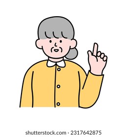 Elderly Woman Pointing Finger, Simple Style Vector illustration.