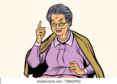 elderly woman pointing finger up, isolated on white background. Pop art retro vector illustration