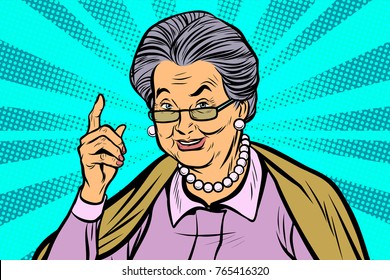 elderly woman pointing finger up. Pop art retro vector illustration