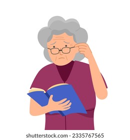 Elderly woman with poor eyesight reading book in flat design on white background.