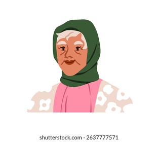 Elderly woman portrait. Old aged female with gray hair, wearing headscarf on head. Grandmother, senior older granny face with wrinkles and smile. Flat vector illustration isolated on white background