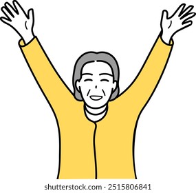 An elderly woman poses happily with her hands up