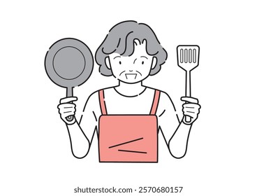 Elderly woman posing with cooking utensils