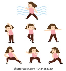Elderly woman posing exercise in various posiotion wearing pink shirt, vector illustration