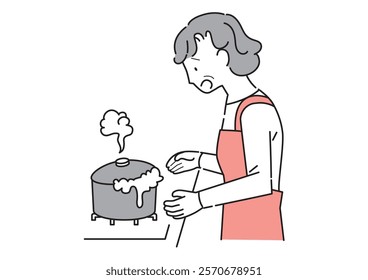 Elderly woman with pot spilling over in kitchen