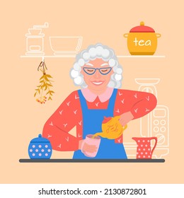 Elderly woman pours tea into a mug from a teapot. Milk jug and sugar bowl are on the table. There is a can of tea on the kitchen shelf. Vector Illustration in flat style