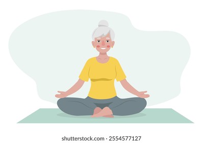 An elderly woman practices yoga at home. Vector illustration on a white background.