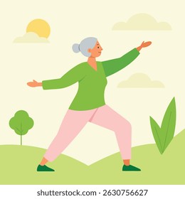 Elderly woman practices yoga outdoors, embracing wellness and serenity.