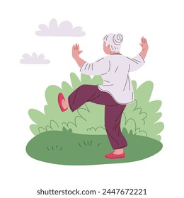 An elderly woman practicing tai chi in nature. Vector illustration depicting a back view character doing outdoor exercise for health and wellness. Ideal for fitness themed design.