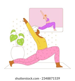Elderly woman practicing yoga at home with an online instructor. Flat outlined colorful vector illustration.