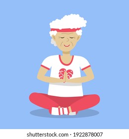 Elderly woman practicing yoga. Senior woman meditating with closed eyes. Isolated flat illustration on blue background.