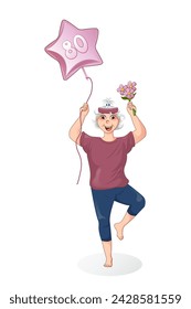 An elderly woman practicing yoga. Sport at any age. Health at 80. Elderly woman is engaged in sports, leads active healthy lifestyle. Isolated vector illustration. Vector illustration