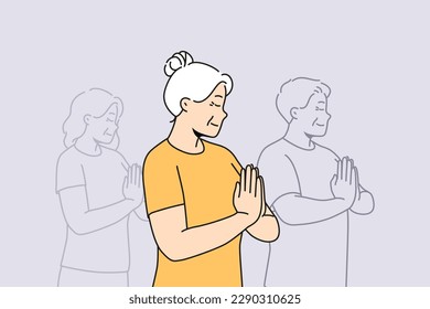 Elderly woman with prayer hands practice yoga on group classes. Happy calm old grandmother meditate follow healthy life in yoga studio. Vector illustration. 