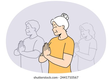 Elderly woman with prayer hands practice yoga on group classes. Happy calm old grandmother meditate follow healthy life in yoga studio. Vector illustration.