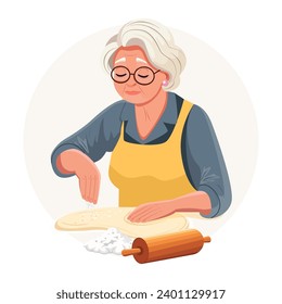 An elderly woman prepares rolled flour dough for baking. Grandmother, a kitchen worker, preparing a product for sale. The concept of cooking at work or at home. Making flour products in a factory.