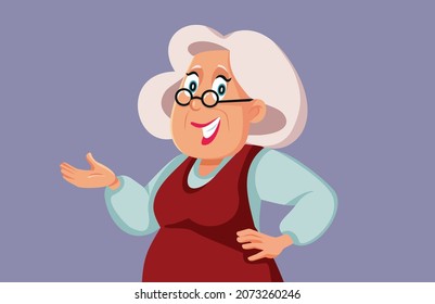 Elderly Woman Presenting Hand Gesture Vector Cartoon. Happy grandma showing a promotional offer with excitement
