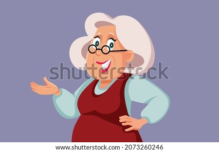 Elderly Woman Presenting Hand Gesture Vector Cartoon. Happy grandma showing a promotional offer with excitement
