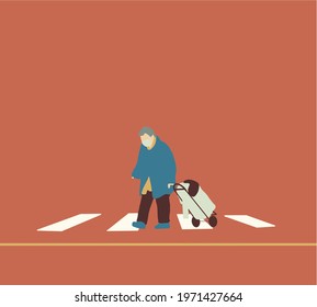 Elderly woman in a protective mask cross the street along a pedestrian crossing. Quarantine during the Covid19 pandemic.