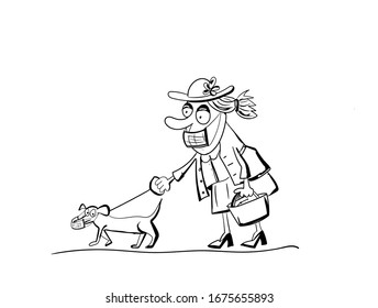 An elderly woman protects herself from coronavirus using a surgical mask. Old lady holds a dog on a leash. Dog wears a procedure medical mask to protect from COVID desease. Hand drawn sketch