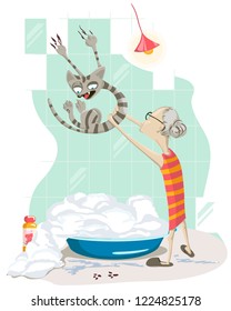 An elderly woman pulls a cat to bathe