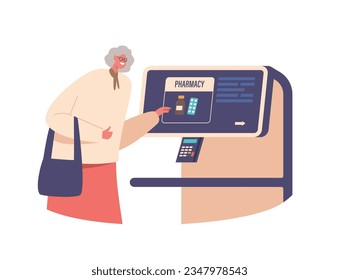 Elderly Woman Purchases Medicine At Pharmacy Using Terminal. Old Female Character Displaying Self-reliance